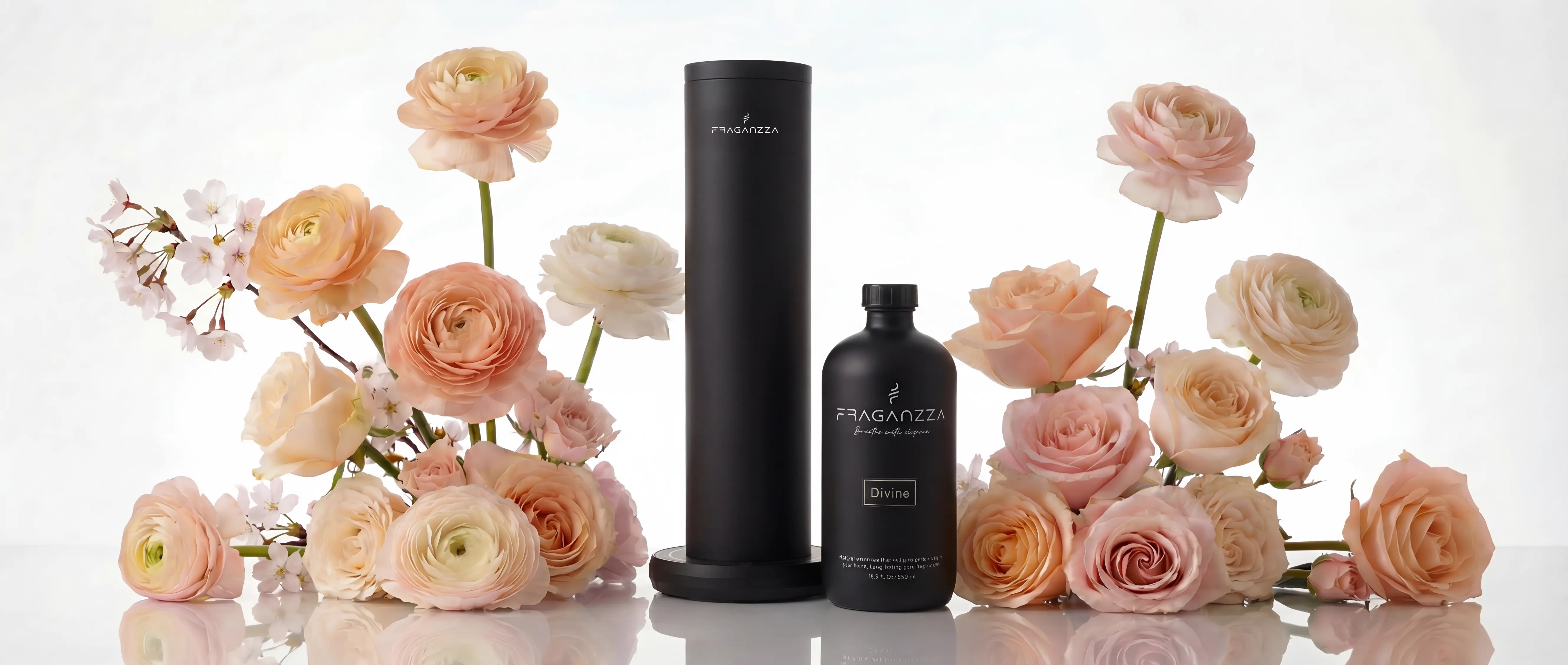 Fraganzza matte-black aroma diffuser showcased in a clean, minimalist environment, highlighting its premium and modern design