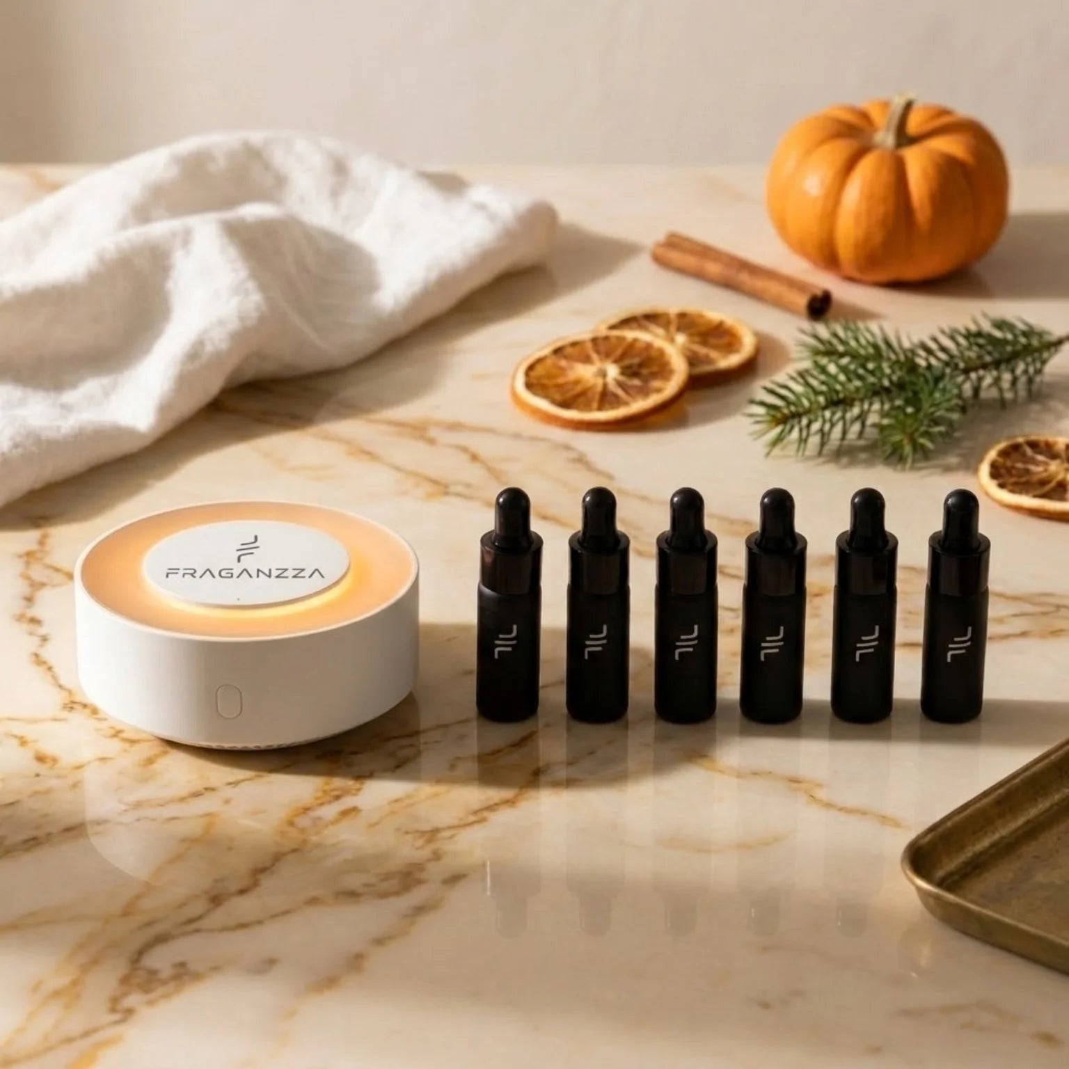 Fraganzza Aroma Cozy Collection fragrance samples with pumpkin, cinnamon and glowing mini diffuser