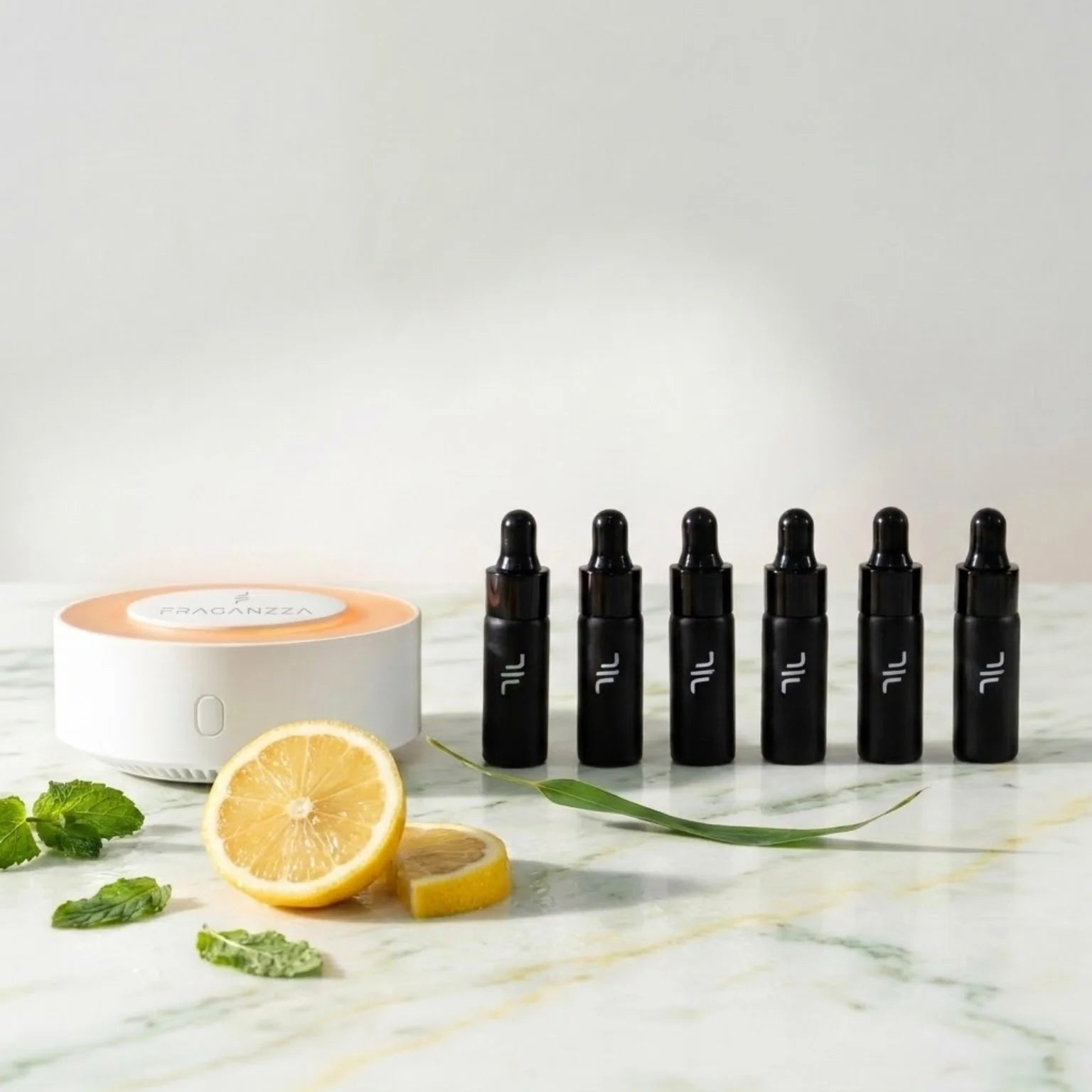Fraganzza Aroma Fresh & Citric fragrance samples with fresh lemon, mint and mini diffuser