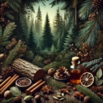 DALL·E 2024-07-26 17.12.29 – A deep and mystical forest scene for the essential oil ‘Sanders’. The image should feature dark and deep greens evoking pine leaves and dense foliage,