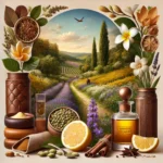 DALL·E 2024-07-26 21.37.33 – A serene and elegant scene for the essential oil ‘Sanders Escapade’. The image should feature warm, rich browns evoking leather, fresh greens represen